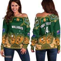 Custom Text And Number Australia Rugby Off Shoulder Sweater Wallabies Kangaroo Green Aboriginal