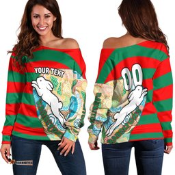 Custom Personalised Rabbitohs Women's Off Shoulder Sweater Aboriginal Sport Style