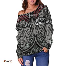 Custom Personalised New Zealand Silver Fern Rugby Off Shoulder Sweater All Black NZ Maori Pattern