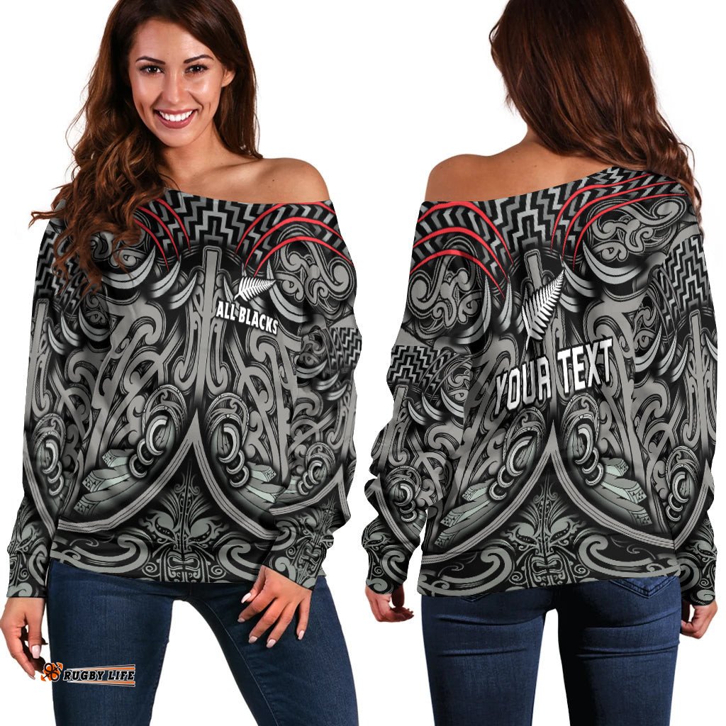 Custom Personalised New Zealand Silver Fern Rugby Off Shoulder Sweater All Black NZ Maori Pattern