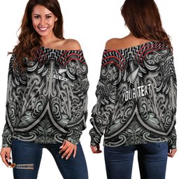 Custom Personalised New Zealand Silver Fern Rugby Off Shoulder Sweater All Black NZ Maori Pattern