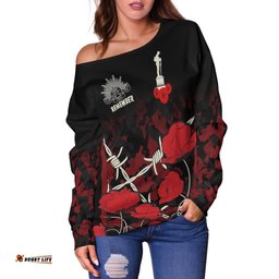 Anzac Off Shoulder Sweater Anzac with Remembrance Poppy Flower Ver2