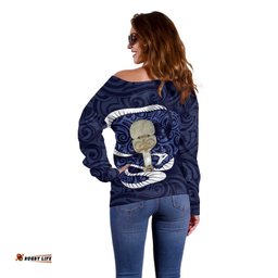 Blue New Zealand Eel Off Shoulder Sweater Aotearoa Maori Tuna With Kotiate Weapon