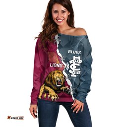 Personalised Lions And Blues Football Off Shoulder Sweater Together Sporty Style
