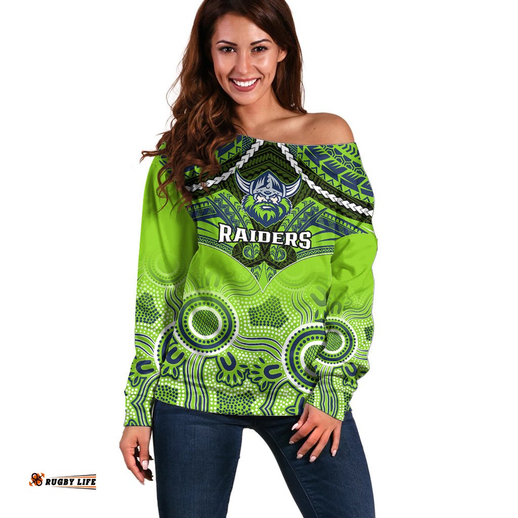 Personalised Raiders Rugby Off Shoulder Sweater Canberra 1981 Aboriginal Mix Polynesian Pattern