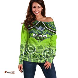 Personalised Raiders Rugby Off Shoulder Sweater Canberra 1981 Aboriginal Mix Polynesian Pattern