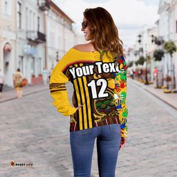 Custom Personalised Pride Hawks Women's Off Shoulder Sweater Hawthorn Naidoc Week Aboriginal Version Special 09