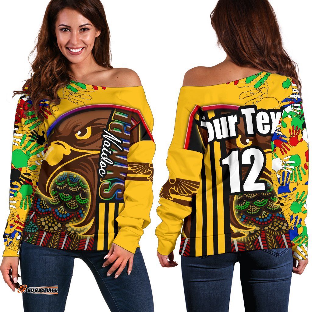 Custom Personalised Pride Hawks Women's Off Shoulder Sweater Hawthorn Naidoc Week Aboriginal Version Special 09