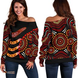 Aboriginal Women's Off Shoulder Sweater Aboriginal Boomerangs With Dot Painting Pattern 04