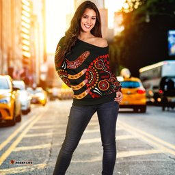 Aboriginal Women's Off Shoulder Sweater Aboriginal Boomerangs With Dot Painting Pattern 04