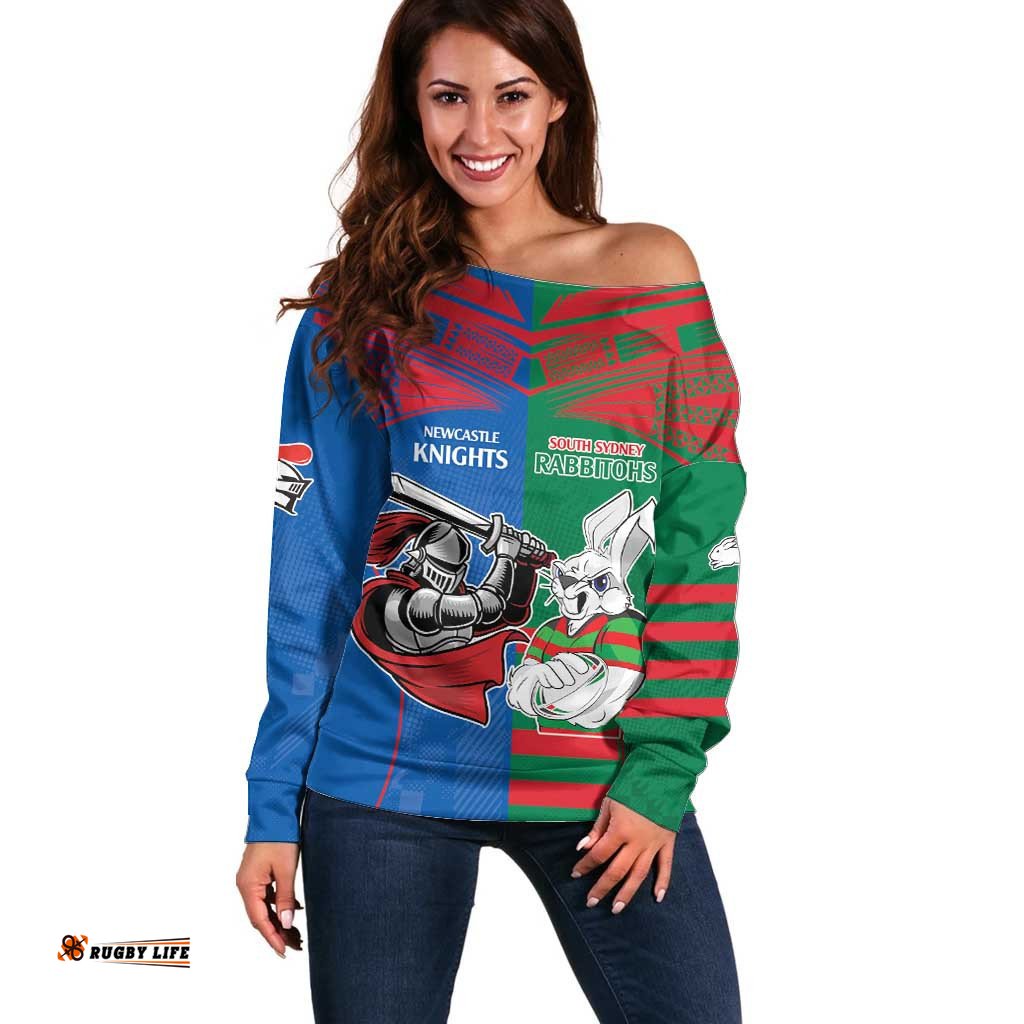 Custom Knights and Rabbitohs Mascot Together Off Shoulder Sweater