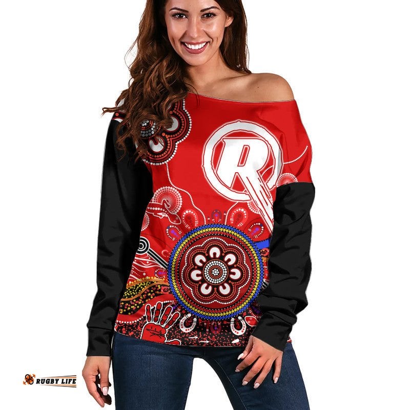 Custom Personalised Melbourne Renegades Women Off Shoulder Sweater Cricket Indigenous Aboriginal Lizard Version