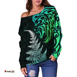 Lion Maori Off Shoulder Sweater Aotearoa mix Silver Fern Version Blue