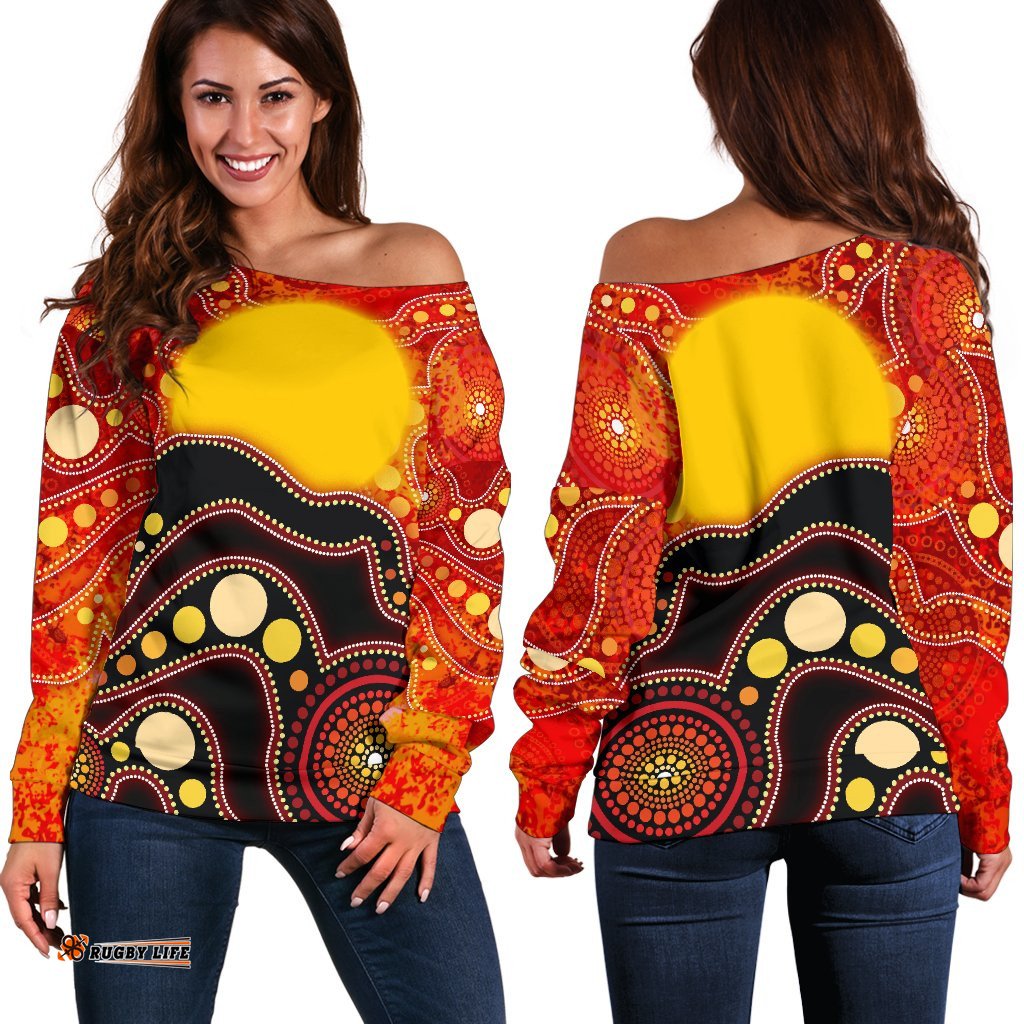 Aboriginal Off Shoulder Sweater, Aboriginal Lives Matter Flag Dot Painting Art