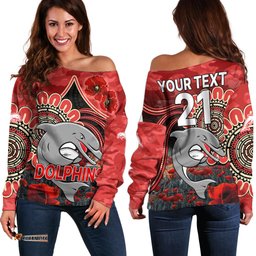 Custom Personalised NRL ANZAC Redcliffe Dolphins Poppy Flowers Off Shoulder Sweater