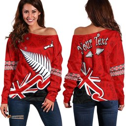Custom Personalised Waitangi Women Off Shoulder Sweater Aotearoa Tino Rangatiratanga Flag with Silver Fern