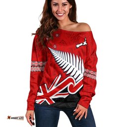 Custom Personalised Waitangi Women Off Shoulder Sweater Aotearoa Tino Rangatiratanga Flag with Silver Fern
