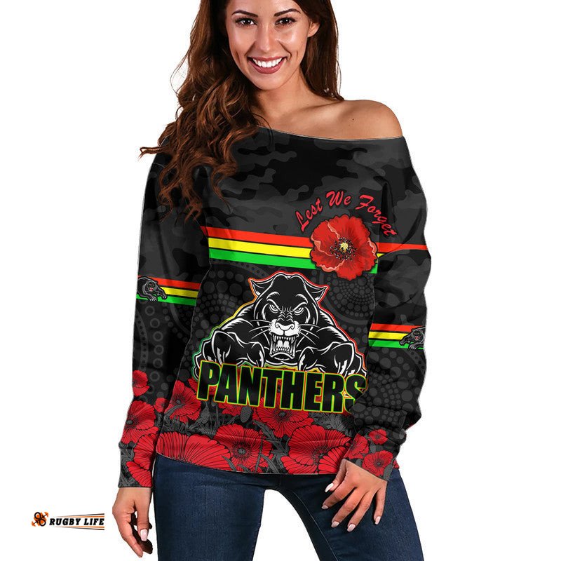 Custom Personalised Panthers Rugby ANZAC Women Off Shoulder Sweater Angry Panther Camouflage With Poppy