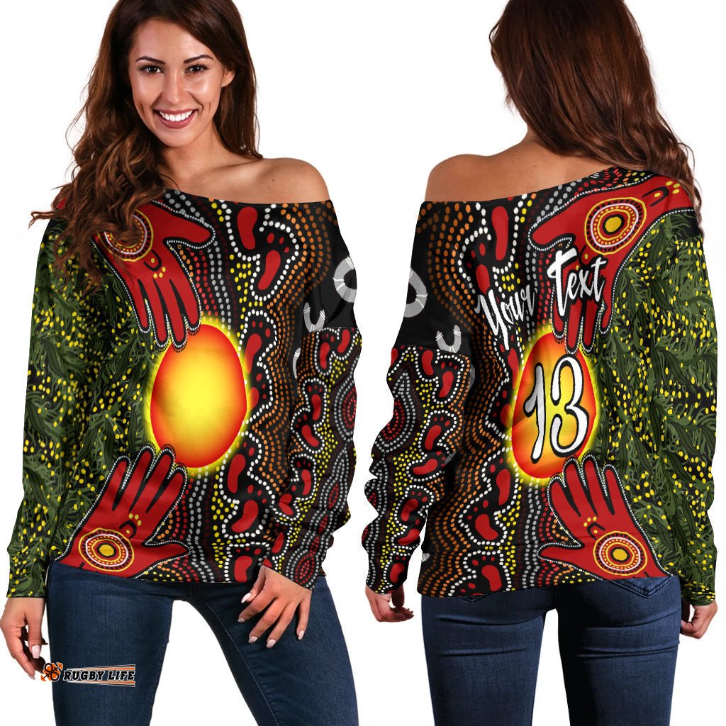 Custom Text and Number Aboriginal Dot Painting Off Shoulder Sweater Go To Touch The Sun