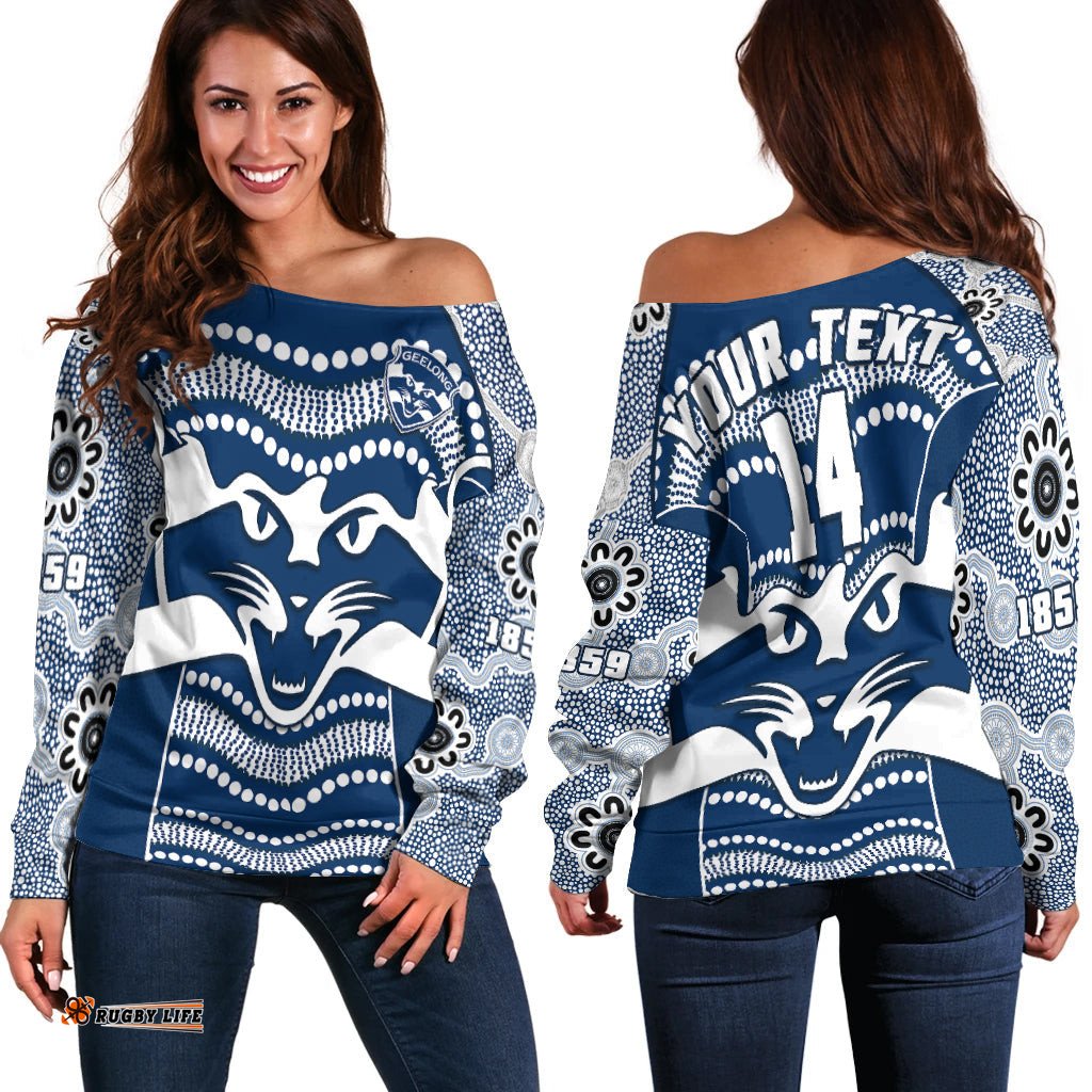 Custom Text And Number Cats Football Off Shoulder Sweater Geelong 1859 Indigenous Sporty Version