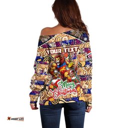 Custom Lions Football Merry Christmas Off Shoulder Sweater Indigenous Australian Art