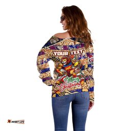 Custom Lions Football Merry Christmas Off Shoulder Sweater Indigenous Australian Art
