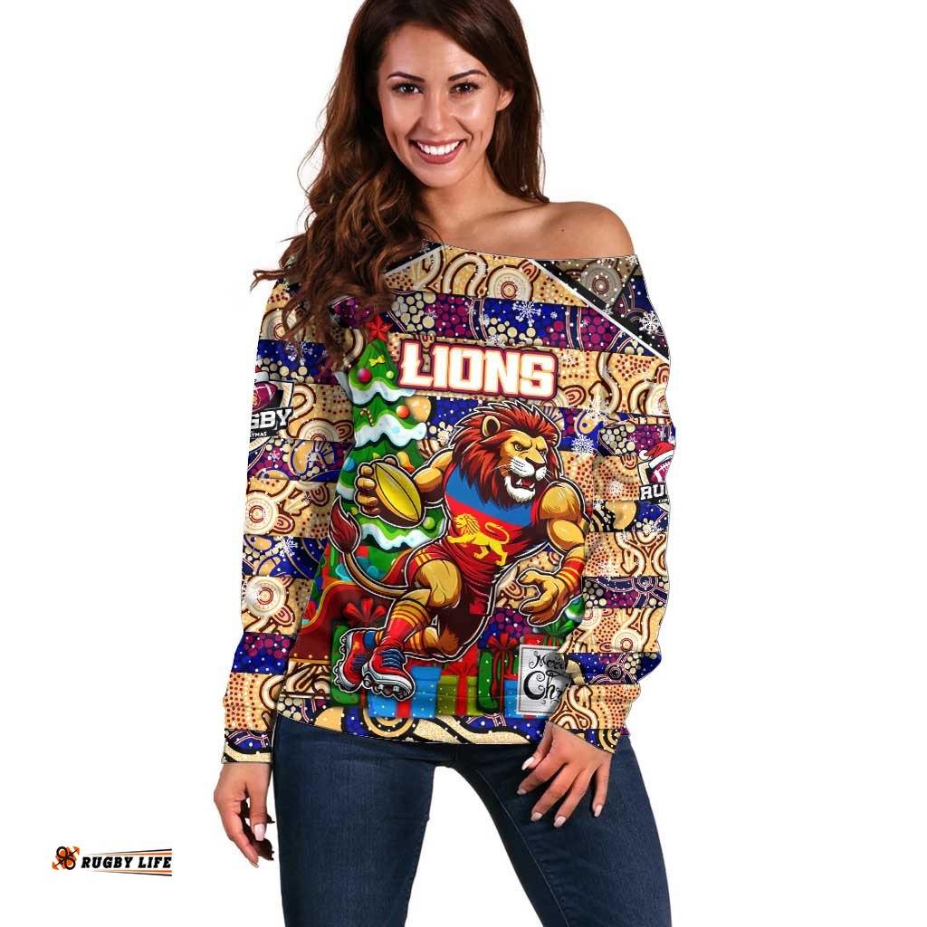 Custom Lions Football Merry Christmas Off Shoulder Sweater Indigenous Australian Art