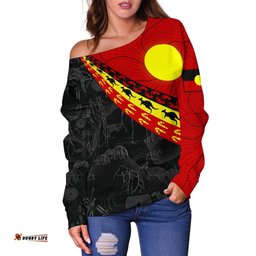 Aboriginal Women's Off Shoulder Sweater, Indigenous Flag Circle Dot Painting