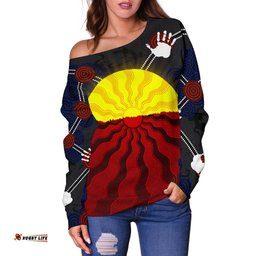 Aboriginal Women's Off Shoulder Sweater, Aboriginal Lives Matter Flag Sun Dot Painting