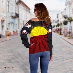 Aboriginal Women's Off Shoulder Sweater, Aboriginal Lives Matter Flag Sun Dot Painting