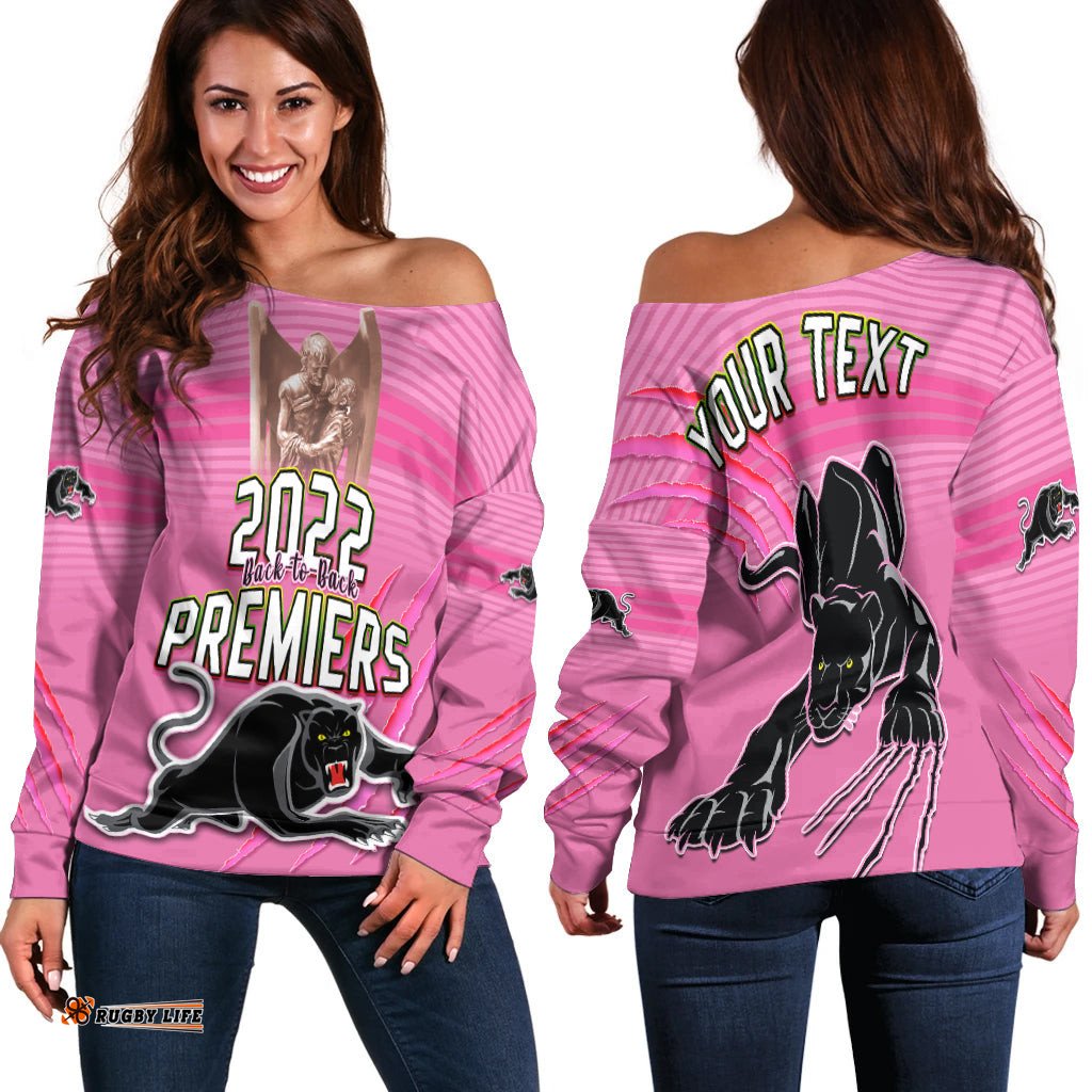 Custom Personalised Panthers Proud Off Shoulder Sweater Back to Back Premiers Version Pink