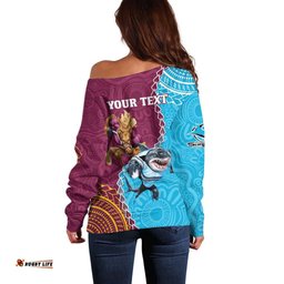 Personalised Sharks And Broncos Rugby Off Shoulder Sweater Aboriginal Mix Polynesian Pattern
