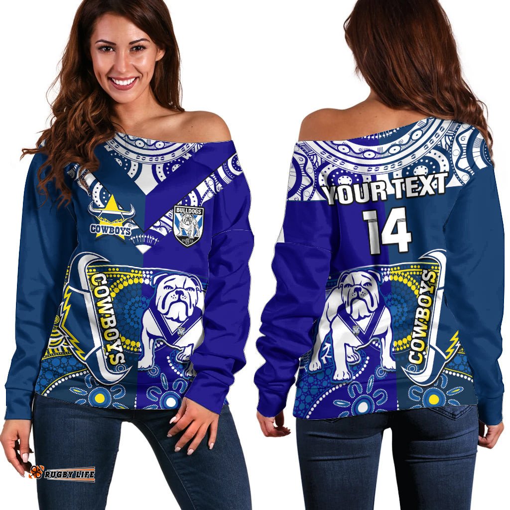Custom Text And Number Bulldogs And Cowboys Rugby Off Shoulder Sweater Together Indigenous 02