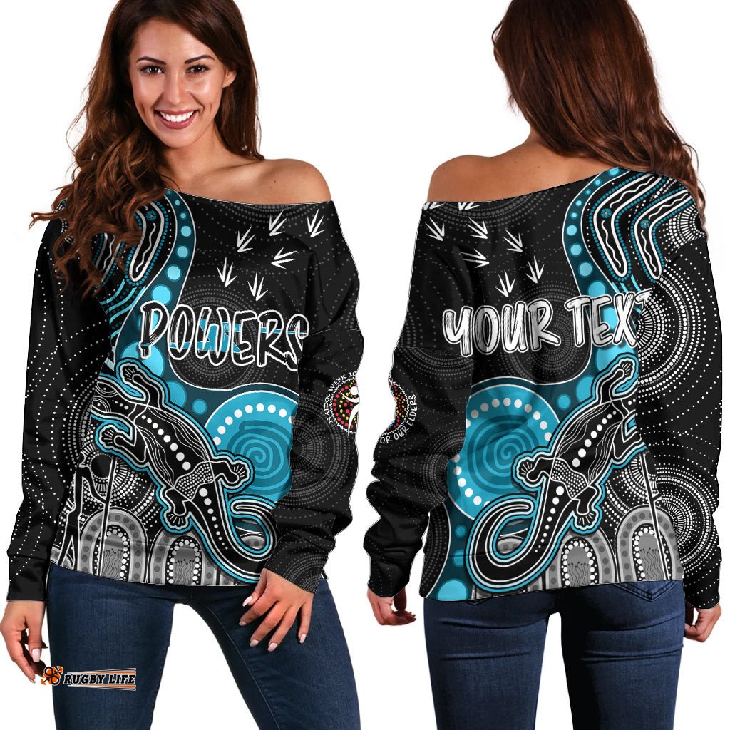 Personalised NAIDOC Week AFL Powers Off Shoulder Sweater Aboriginal Dot Art Lizard Mix Boomerang