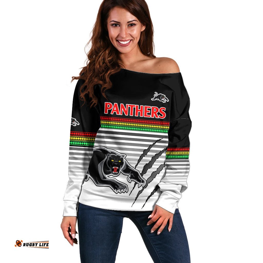 Penrith Panthers Rugby Off Shoulder Sweater Authentic Permiers Black Version 2023