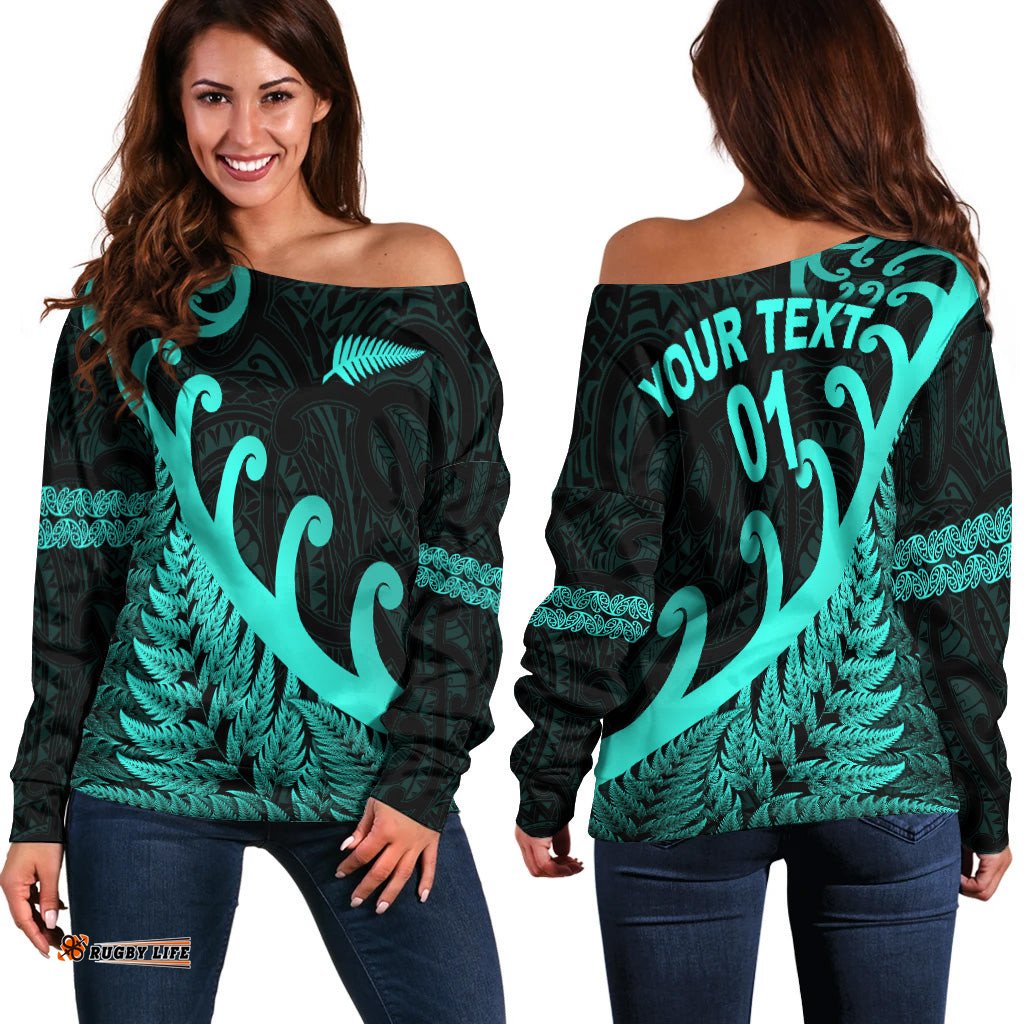 Custom Personalised New Zealand Rugby Maori Women Off Shoulder Sweater Silver Fern Koru Vibes Turquoise