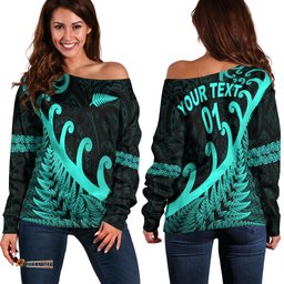 Custom Personalised New Zealand Rugby Maori Women Off Shoulder Sweater Silver Fern Koru Vibes Turquoise