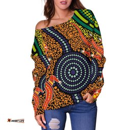 Australia Women Off Shoulder Sweater Aboriginal Two Lizards Dot Painting Circle