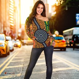 Australia Women Off Shoulder Sweater Aboriginal Two Lizards Dot Painting Circle