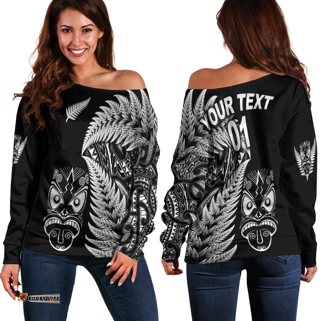 Custom Personalised New Zealand Haka Rugby Maori Women Off Shoulder Sweater Silver Fern Vibes Black