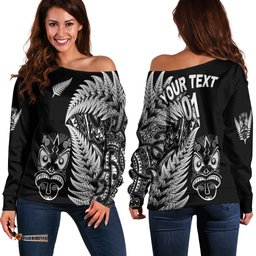 Custom Personalised New Zealand Haka Rugby Maori Women Off Shoulder Sweater Silver Fern Vibes Black