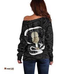 Black New Zealand Eel Off Shoulder Sweater Aotearoa Maori Tuna With Kotiate Weapon