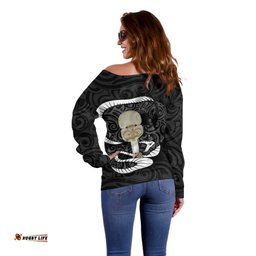 Black New Zealand Eel Off Shoulder Sweater Aotearoa Maori Tuna With Kotiate Weapon