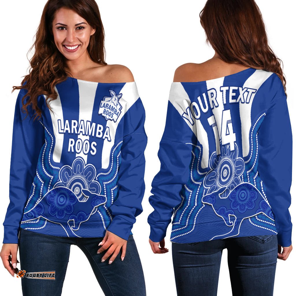Custom Text And Number Laramba Football Off Shoulder Sweater Roos Aboriginal Art