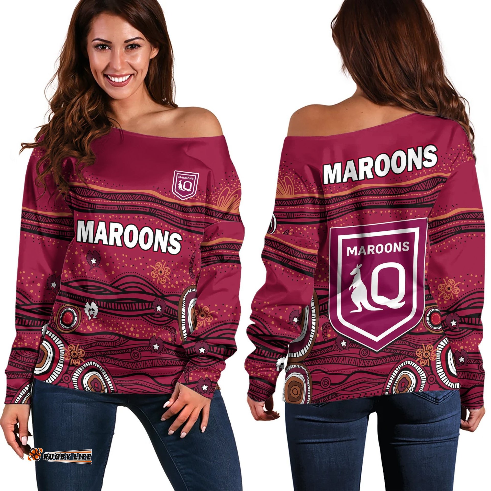 QLD Maroons Rugby Off Shoulder Sweater Indigenous