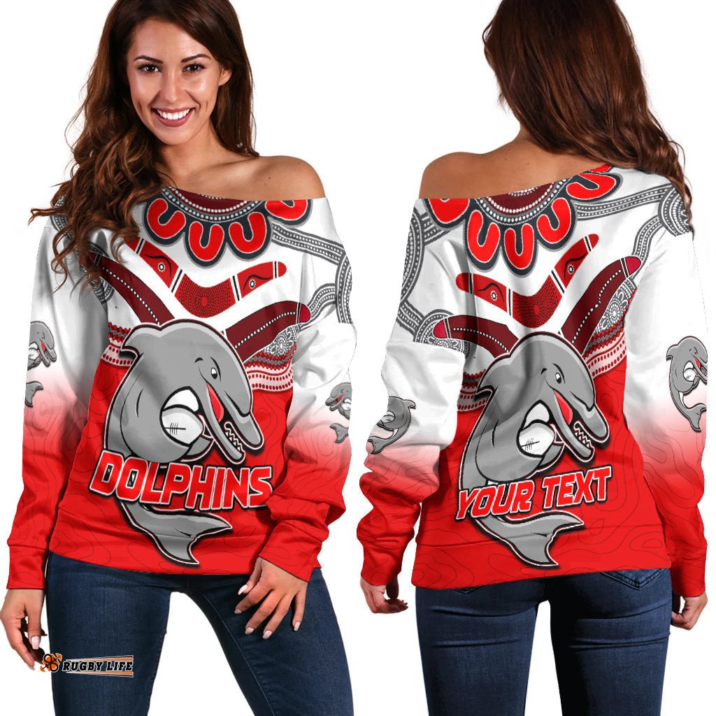 Custom Personalised Dolphins Rugby Off Shoulder Sweater Redcliffe Come Back Stronger