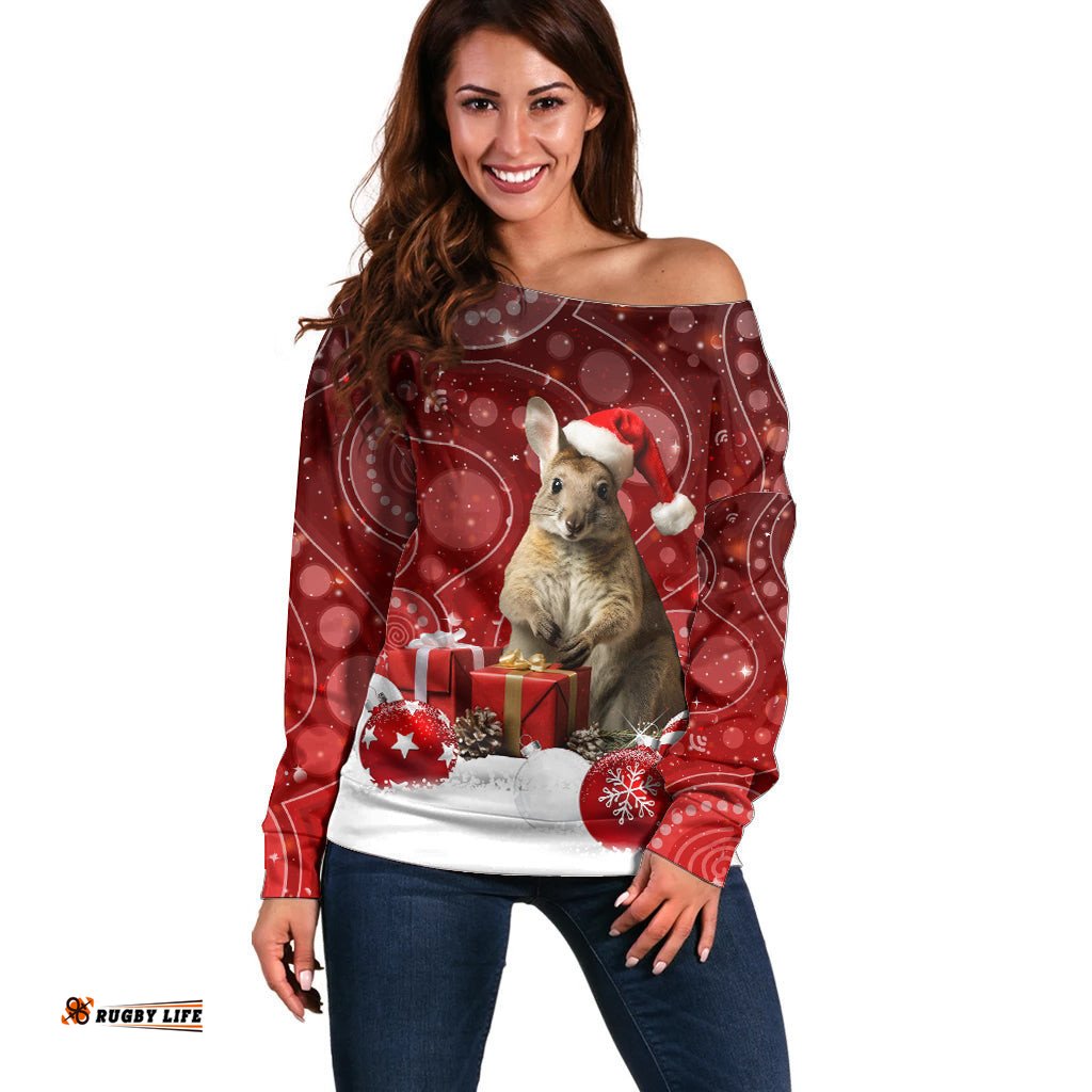 Australia Christmas Wallaby Off Shoulder Sweater Aboriginal Art