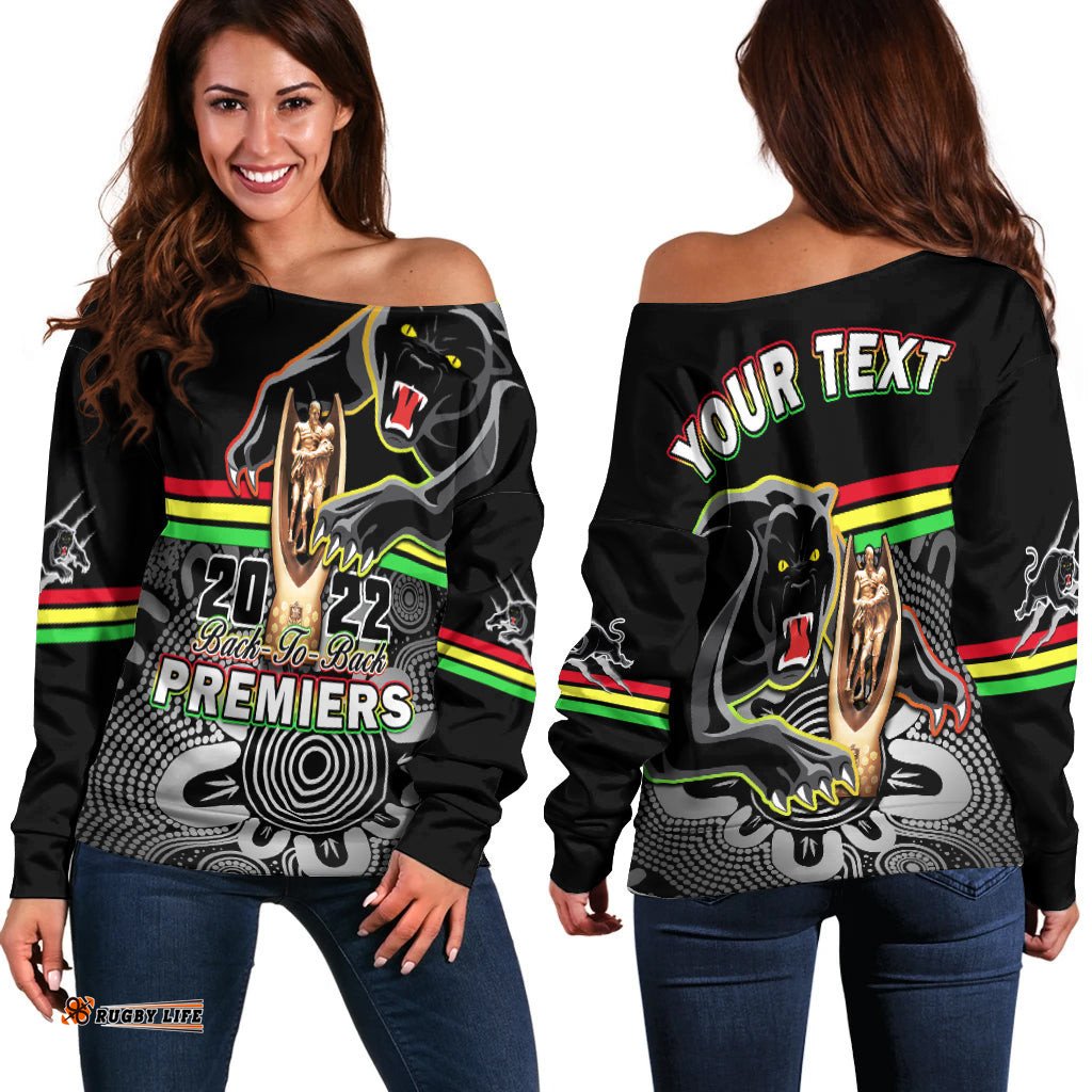 Custom Personalised Panthers Rugby Off Shoulder Sweater Pennies Premiers Back To Back Indigenous Original