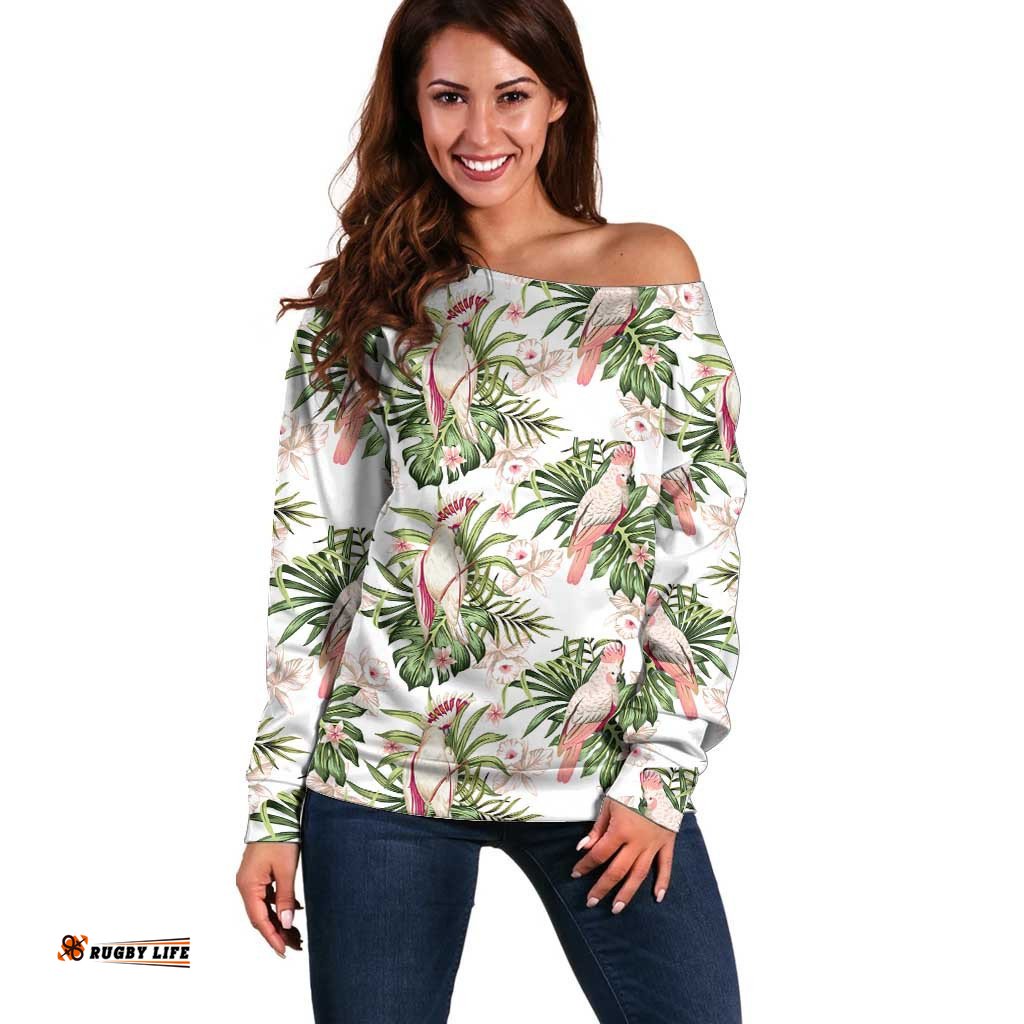 Australia Pink Cockatoo Off Shoulder Sweater Aussie Orchids Seamless Pattern