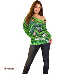 Custom Australia NAIDOC Week 2024 Off Shoulder Sweater Canberra Raiders Mascot Keep The Fire Burning